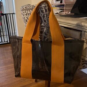State brand. Transparent Black Tote Bag with Orange Straps.